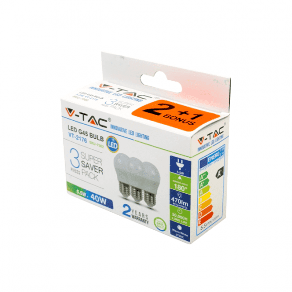 Spuldze V-Tac 2176 LED E27/G45 471lm/5.5W/3K 2+1gb. - Image 2