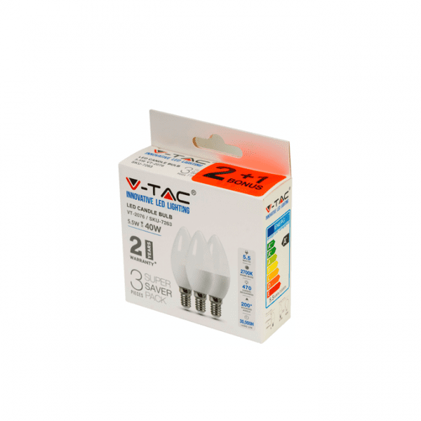 Spuldze V-Tac 2076 LED E14/B35 470lm/5.5W/3K 2+1gb. - Image 2