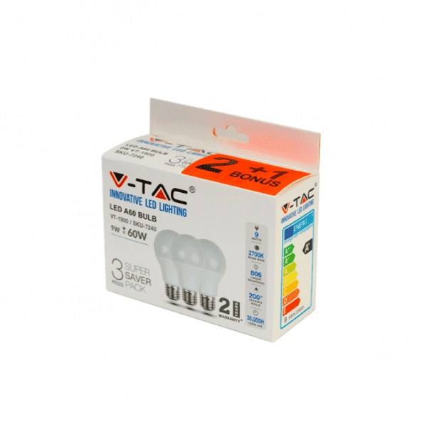 Spuldze V-Tac 1900 LED E27/A60 806lm/9W/3K 2+1gb. - Image 2